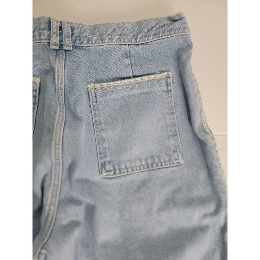 ZARA High Rise Jeans Sz 14 Tweed Trim Jewel Button Crop Wide Leg Light Wash Y2K - Picture 11 of 11